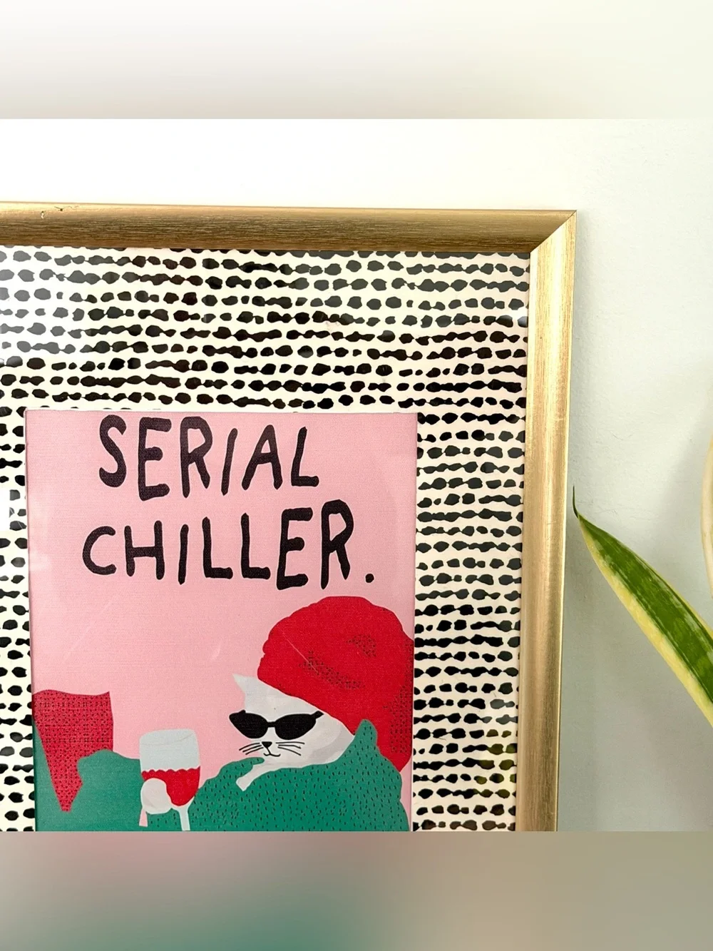 Serial Chiller Cat Silly Dotted Canvas Art Print Gold Framed Quirky Wall Art